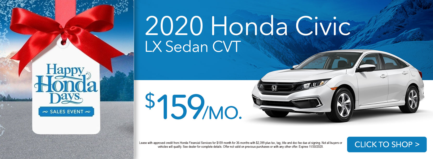 2020 Honda Civic LX Sedan Lease for $159 a month.